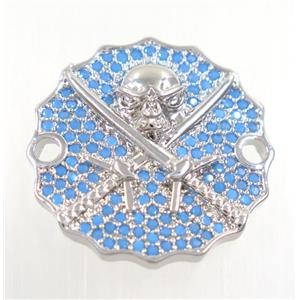 copper Jolly Roger connector paved zircon, platinum plated, turq, approx 22mm dia [FDZN3922]