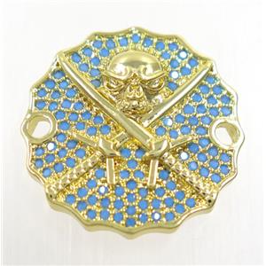 copper Jolly Roger connector paved zircon, gold plated, turq, approx 22mm dia [FDZN3923]