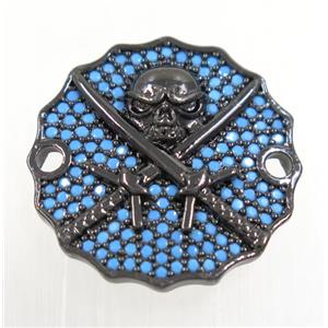 copper Jolly Roger connector paved zircon, black plated, turq, approx 22mm dia [FDZN3924]