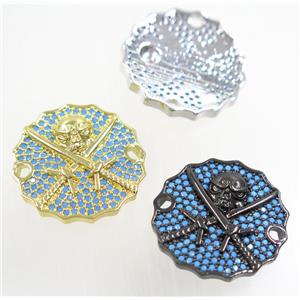 copper Jolly Roger connector paved zircon, mix color, turq, approx 22mm dia [FDZN3925]