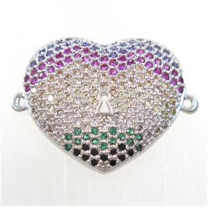 copper heart connector paved zircon, platinum plated, approx 18x20mm [FDZN3927]