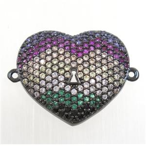 copper heart connector paved zircon, black plated, approx 18x20mm [FDZN3929]