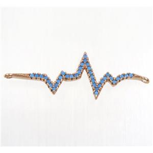 copper cardiogram connector paved zircon, rose gold, turq, approx 12x30mm [FDZN3940]