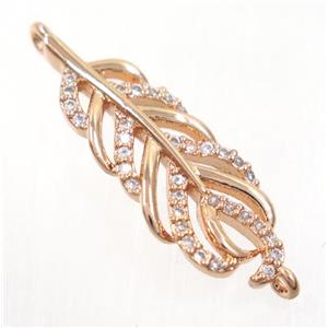 copper feather connector paved zircon, rose gold, approx 10x25mm [FDZN3945]