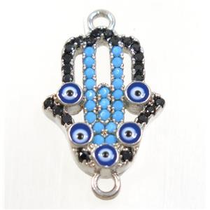 copper hamsahand connector paved zircon with evil eye, platinum plated, approx 14x18mm [FDZN3979]
