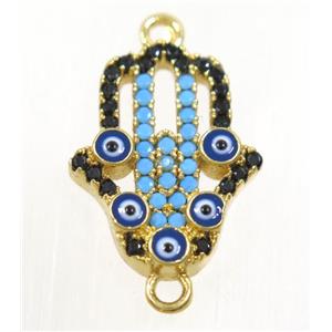 copper hamsahand connector paved zircon with evil eye, gold plated, approx 14x18mm [FDZN3980]
