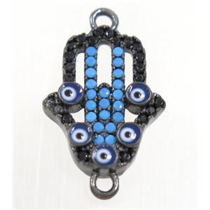 copper hamsahand connector paved zircon with evil eye, black plated, approx 14x18mm [FDZN3981]