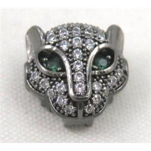 copper leopardhead beads paved zircon, black plated, approx 11x11mm [FDZN399]