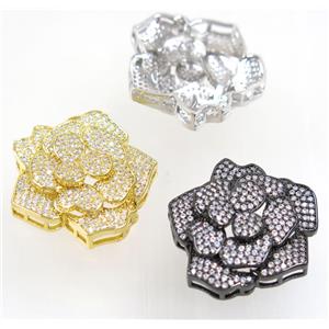 copper roseFlower beads paved zircon, mix color, approx 33x35mm [FDZN4041]