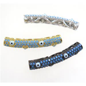 copper curving tube beads paved zircon with evil eye, turq, mix color, approx 5x28mm [FDZN4067]