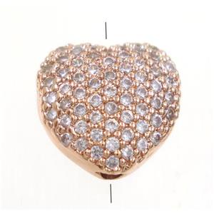copper heart beads paved zircon, rose gold, approx 10mm dia [FDZN4093]