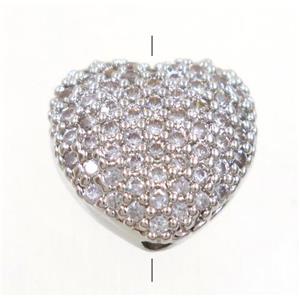 copper heart beads paved zircon, platinum plated, approx 10mm dia [FDZN4094]
