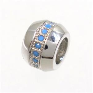 copper rondelle beads paved zircon, turq, platinum plated, approx 8mm dia, 4mm hole [FDZN4104]