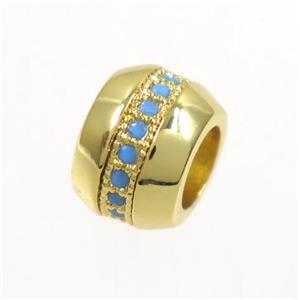 copper rondelle beads paved zircon, turq, gold plated, approx 8mm dia, 4mm hole [FDZN4105]