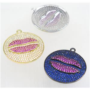 copper lip pendant paved zircon, mixed color, approx 30mm dia [FDZN4151]