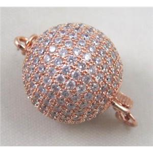 copper clasp paved zircon, round, rose gold plated, approx 16mm dia [FDZN419-16MM]