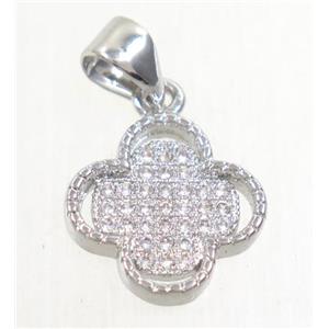copper pendant paved zircon, four leaf Clover, platinum plated, approx 12mm dia [FDZN4196]