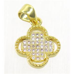copper pendant paved zircon, four leaf Clover, gold plated, approx 12mm dia [FDZN4197]