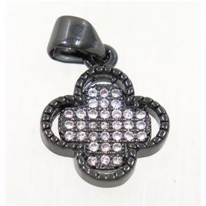 copper pendant paved zircon, four leaf Clover, black plated, approx 12mm dia [FDZN4198]