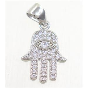 copper hamsahand pendant paved zircon, platinum plated, approx 11x14mm [FDZN4201]