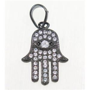 copper hamsahand pendant paved zircon, black plated, approx 11x14mm [FDZN4203]