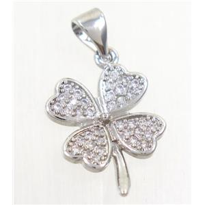 copper pendant paved zircon, four-leaf Clover, platinum plated, approx 14mm dia [FDZN4205]