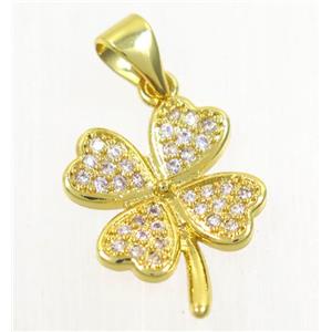 copper pendant paved zircon, four-leaf Clover, gold plated, approx 14mm dia [FDZN4206]