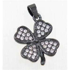 copper pendant paved zircon, four-leaf Clover, black plated, approx 14mm dia [FDZN4207]