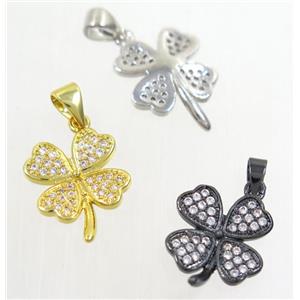 copper pendant paved zircon, four-leaf Clover, mix color, approx 14mm dia [FDZN4208]