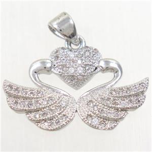 copper swan pendant paved zircon, platinum plated, approx 15-24mm [FDZN4210]