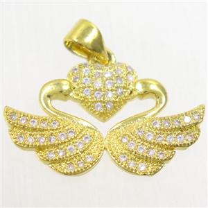 copper swan pendant paved zircon, gold plated, approx 15-24mm [FDZN4211]