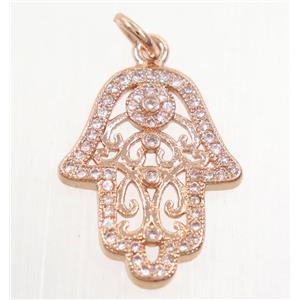 copper hamsahand pendant paved zircon, rose gold, approx 15x20mm [FDZN4222]