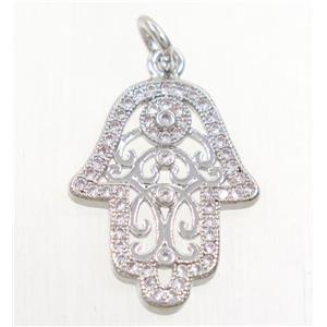 copper hamsahand pendant paved zircon, platinum plated, approx 15x20mm [FDZN4223]