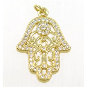 copper hamsahand pendant paved zircon, gold plated, approx 15x20mm [FDZN4224]