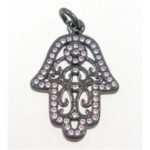copper hamsahand pendant paved zircon, black plated, approx 15x20mm [FDZN4225]