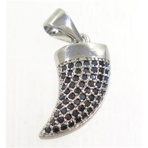 copper horn pendant paved zircon, platinum plated, approx 8-14mm [FDZN4228]