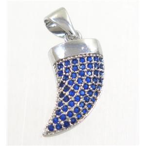 copper horn pendant paved blue zircon, platinum plated, approx 8-14mm [FDZN4231]
