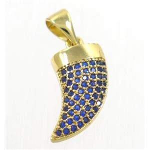 copper horn pendant paved blue zircon, gold plated, approx 8-14mm [FDZN4232]