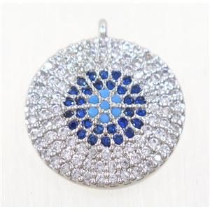 copper button circle pendant paved zircon, platinum plated, approx 15mm dia [FDZN4236]