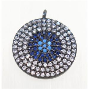 copper button circle pendant paved zircon, black plated, approx 15mm dia [FDZN4238]