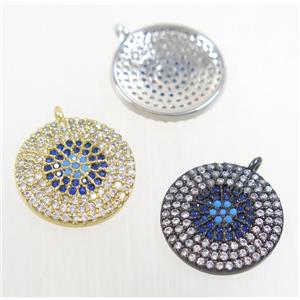 copper button circle pendant paved zircon, mix color, approx 15mm dia [FDZN4239]