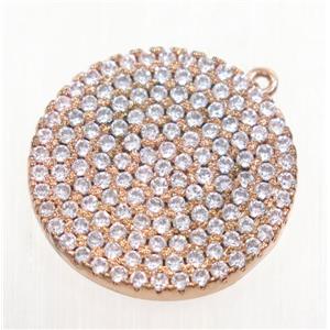 copper button circle pendant paved zircon with 2loops, rose gold, approx 18mm dia [FDZN4240]