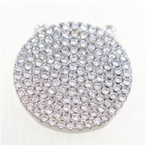 copper button circle pendant paved zircon with 2loops, platinum plated, approx 18mm dia [FDZN4241]