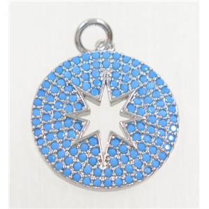 copper pendant paved zircon, North Star, platinum plated, turq, approx 18mm dia [FDZN4244]