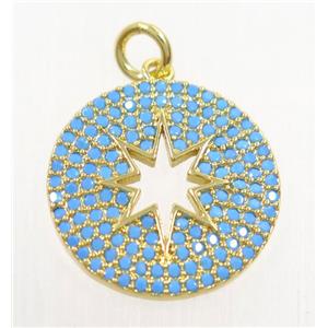 copper pendant paved zircon, North Star, gold plated, turq, approx 18mm dia [FDZN4245]