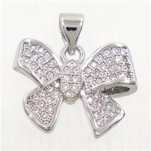 copper Bowknot pendant paved zircon, platinum plated, approx 13-17mm [FDZN4248]