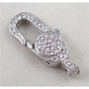 copper Lobster Clasp paved zircon, platinum plated, approx 10x24mm [FDZN425]