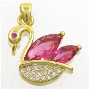 copper swan pendant paved red zircon, gold plated, approx 12-16mm [FDZN4256]