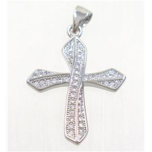 copper cross pendant paved zircon, platinum plated, approx 20x23mm [FDZN4258]