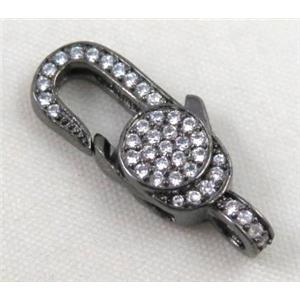 copper Lobster Clasp paved zircon, black plated, approx 10x24mm [FDZN426]